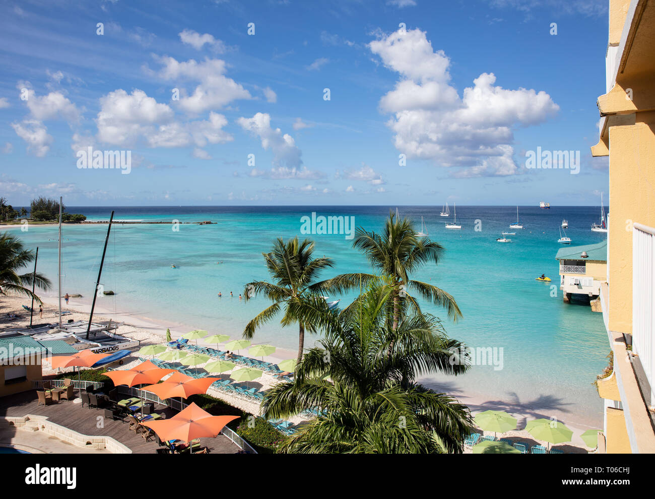 Looking over Carlisle Bay in Barbados towards the old pier at Needham’s Point. Stock Photo