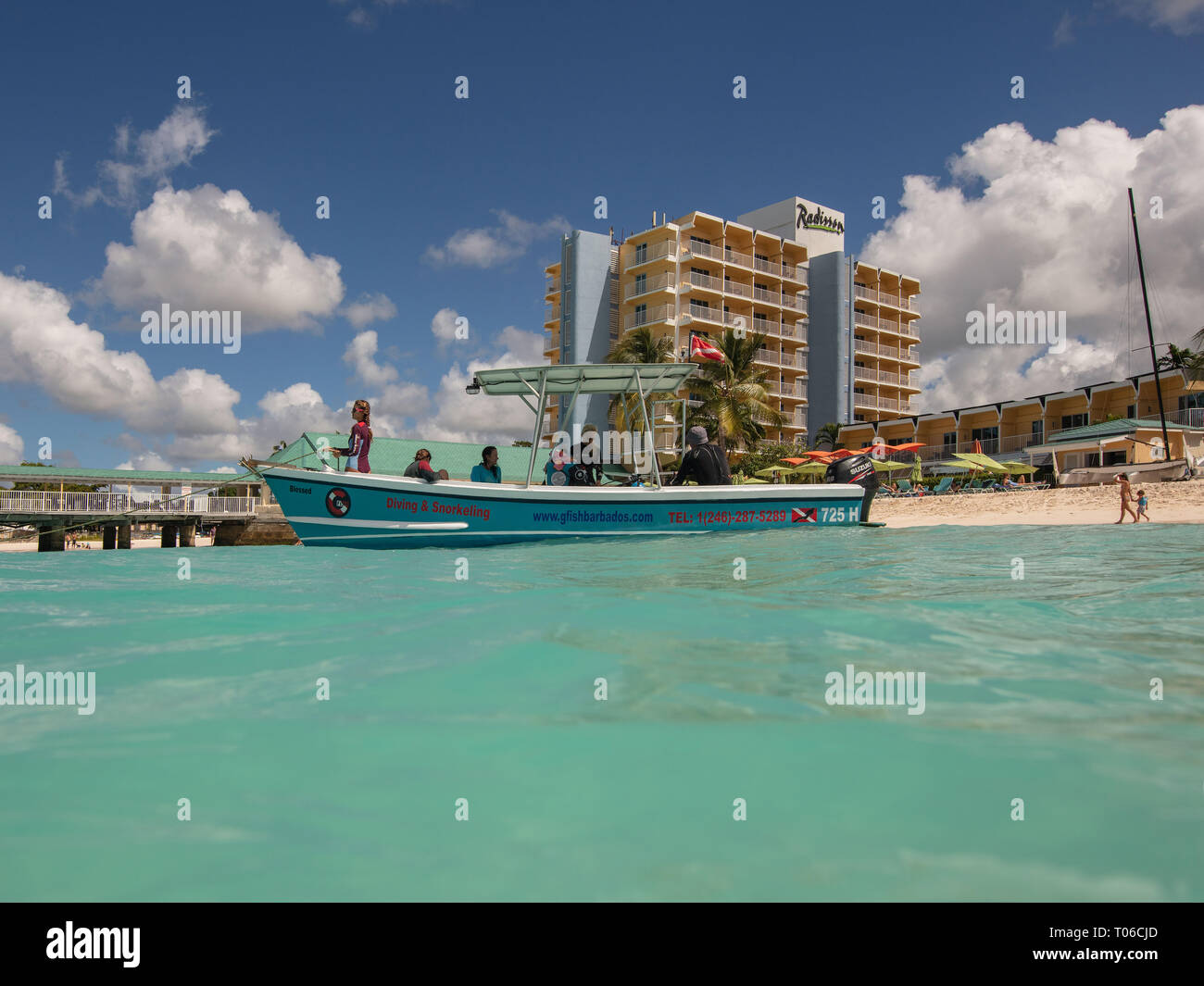 Diving and snorkling boat setting out on adventures looking for shipwrecks in Carlisle Bay, Barbados. Stock Photo