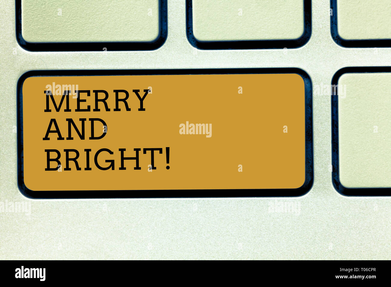 Handwriting text writing Merry And Bright. Conceptual photo defined London Cockney rhyming slang for illumination Keyboard key Intention to create com Stock Photo
