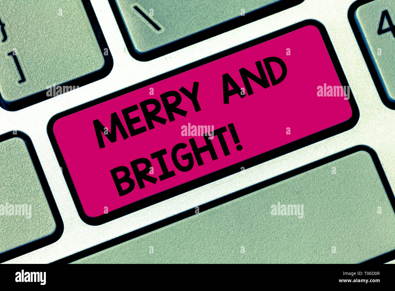 Conceptual hand writing showing Merry And Bright. Concept meaning defined London Cockney rhyming slang for illumination Keyboard key Intention to crea Stock Photo