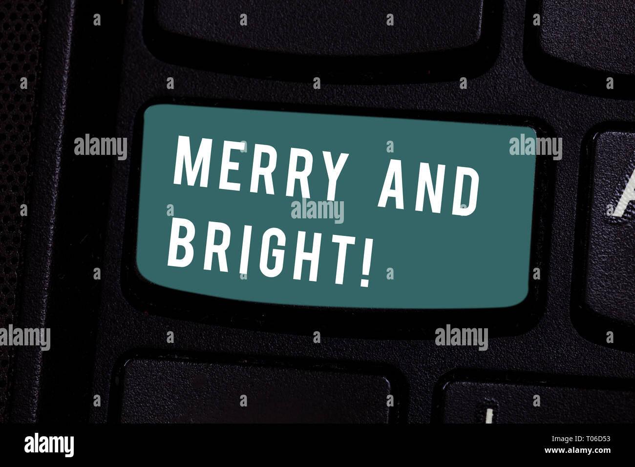 Writing note showing Merry And Bright. Business concept for defined London Cockney rhyming slang for illumination Keyboard key Intention to create com Stock Photo