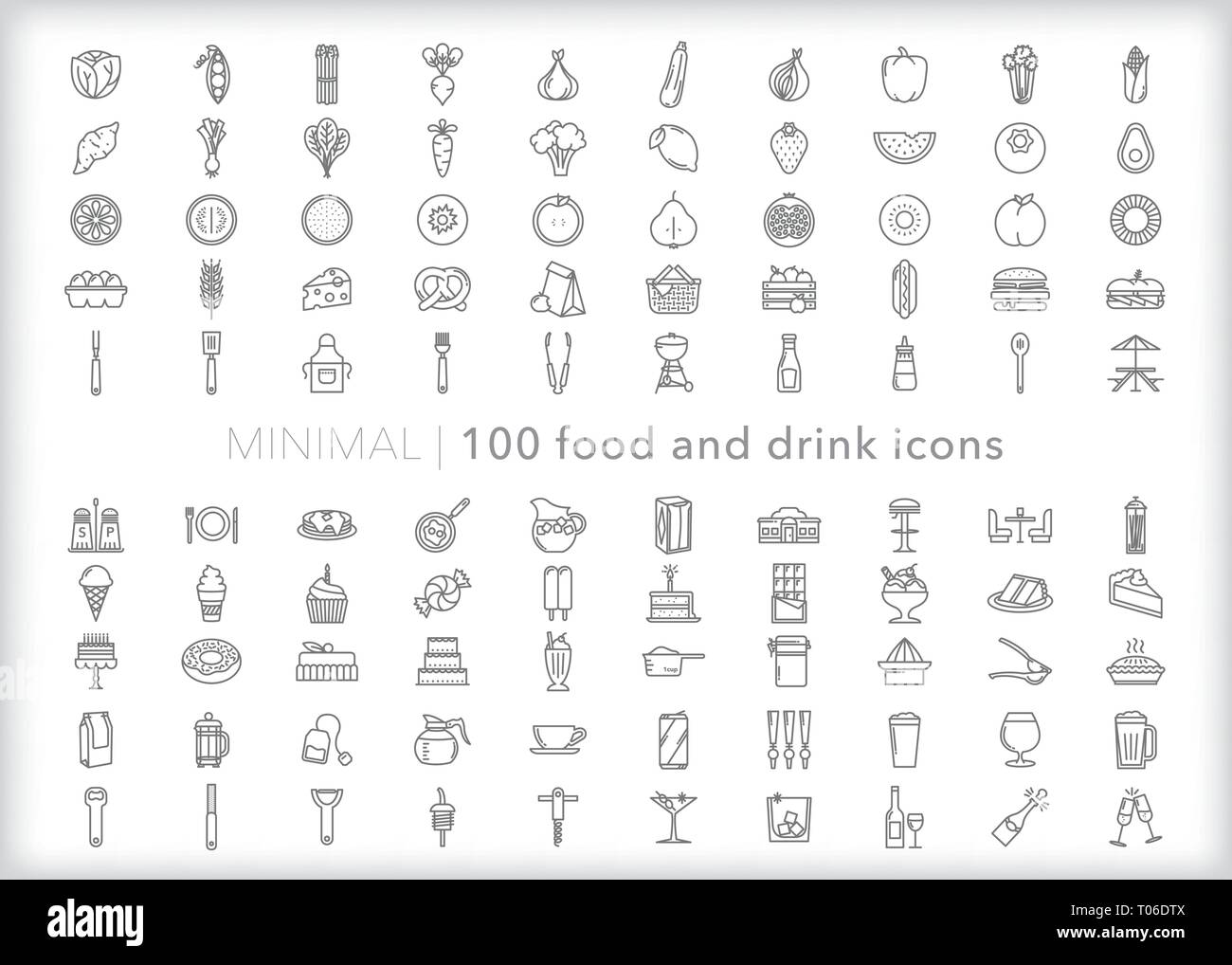 Set of 100 food and drink line icons of for breakfast, lunch, dinner and snacks Stock Vector