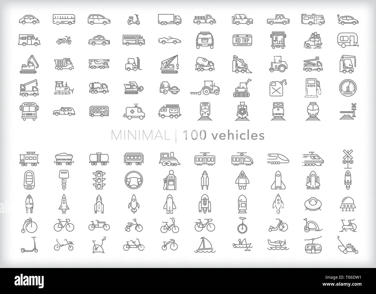 Set of 100 vehicle line icons of car, buses, trucks, rail cars, trains, construction vehicles, bikes, spaceships and boats. Stock Vector