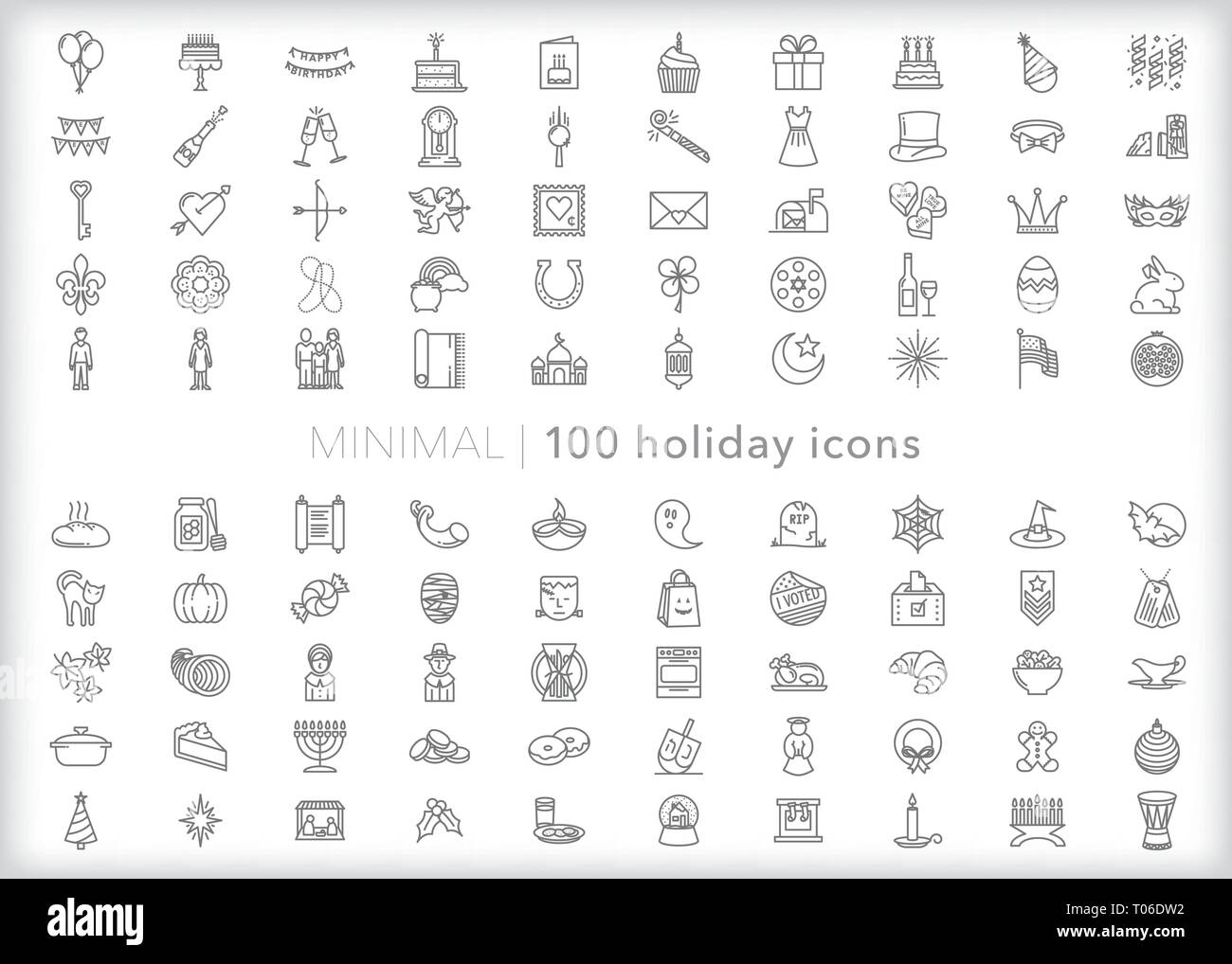Set of 100 holiday icons spanning the calendar year including New Year's, Valentine's Day, Halloween, Thanksgiving, Christmas, Kwanzaa Stock Vector