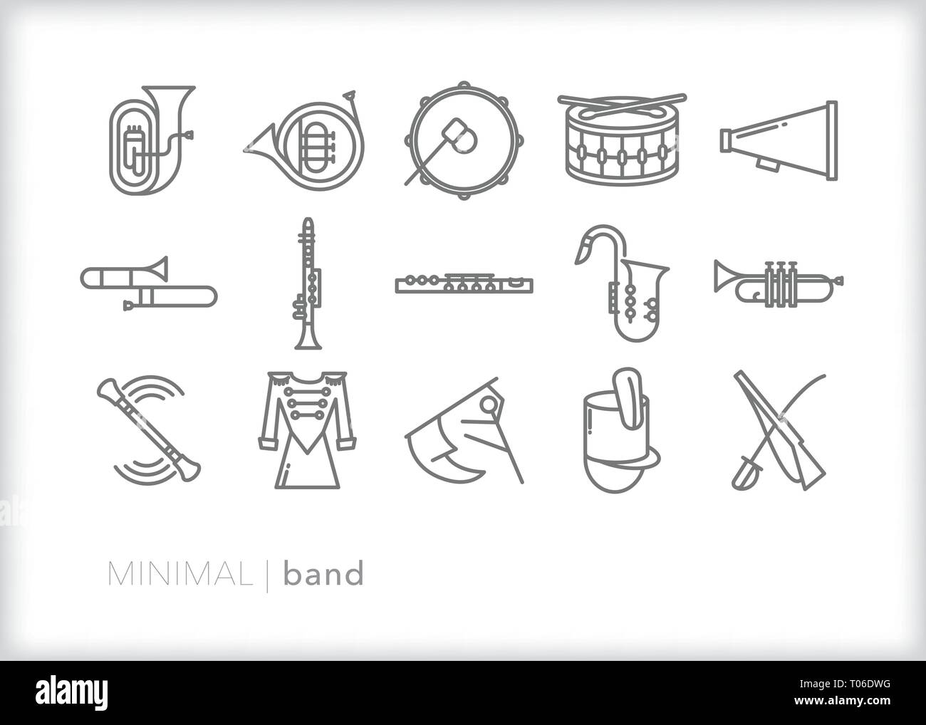 Set of 15 marching band or band class line icons of wind, reed and percussion instruments as well as color guard flag, rifle and baton Stock Vector