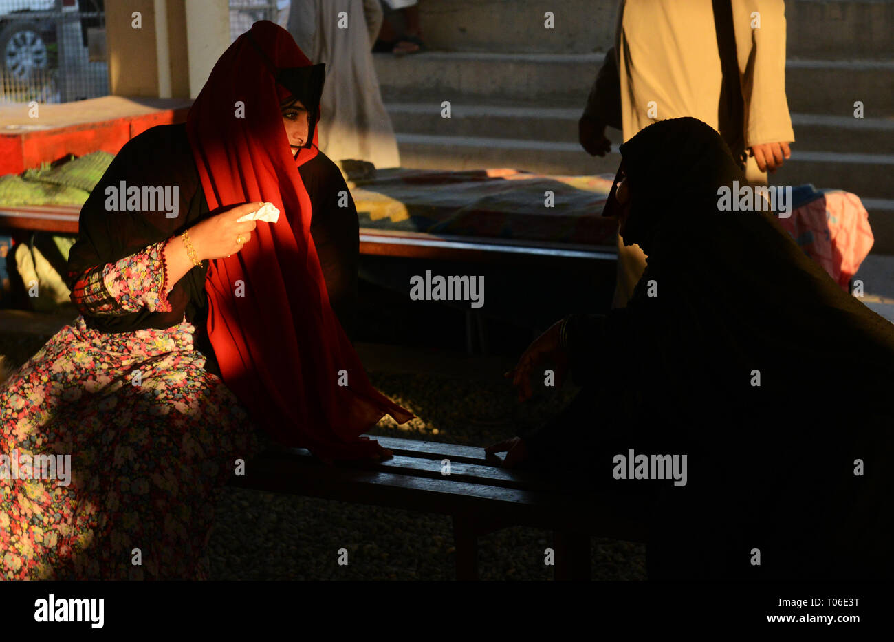 Bedouin woman wearing a traditional burqa. Stock Photo