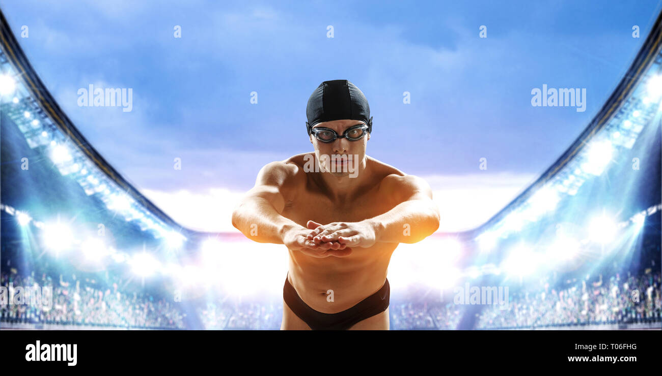 Swimmer at competition. Mixed media Stock Photo