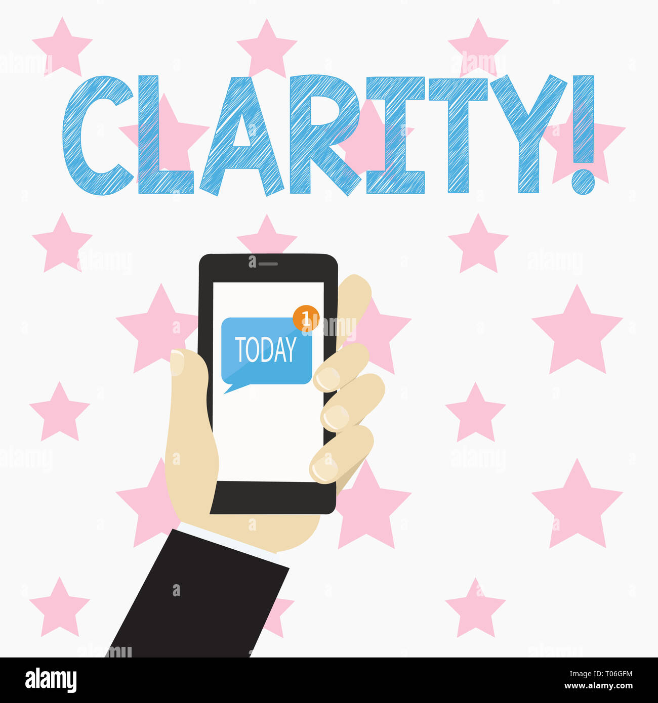Text sign showing Clarity. Business photo text Certainty Precision Purity Comprehensibility Transparency Accuracy Human Hand Holding Smartphone with N Stock Photo