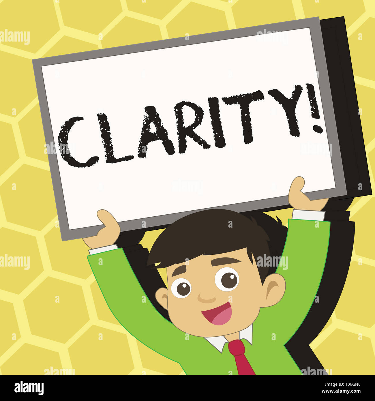 Text sign showing Clarity. Business photo text Certainty Precision Purity Comprehensibility Transparency Accuracy Young Smiling Student Raising Upward Stock Photo