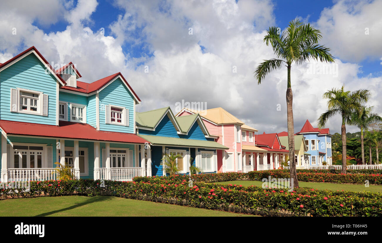 The wooden houses painted in Caribbean bright colors in Samana, Dominican Republic Stock Photo