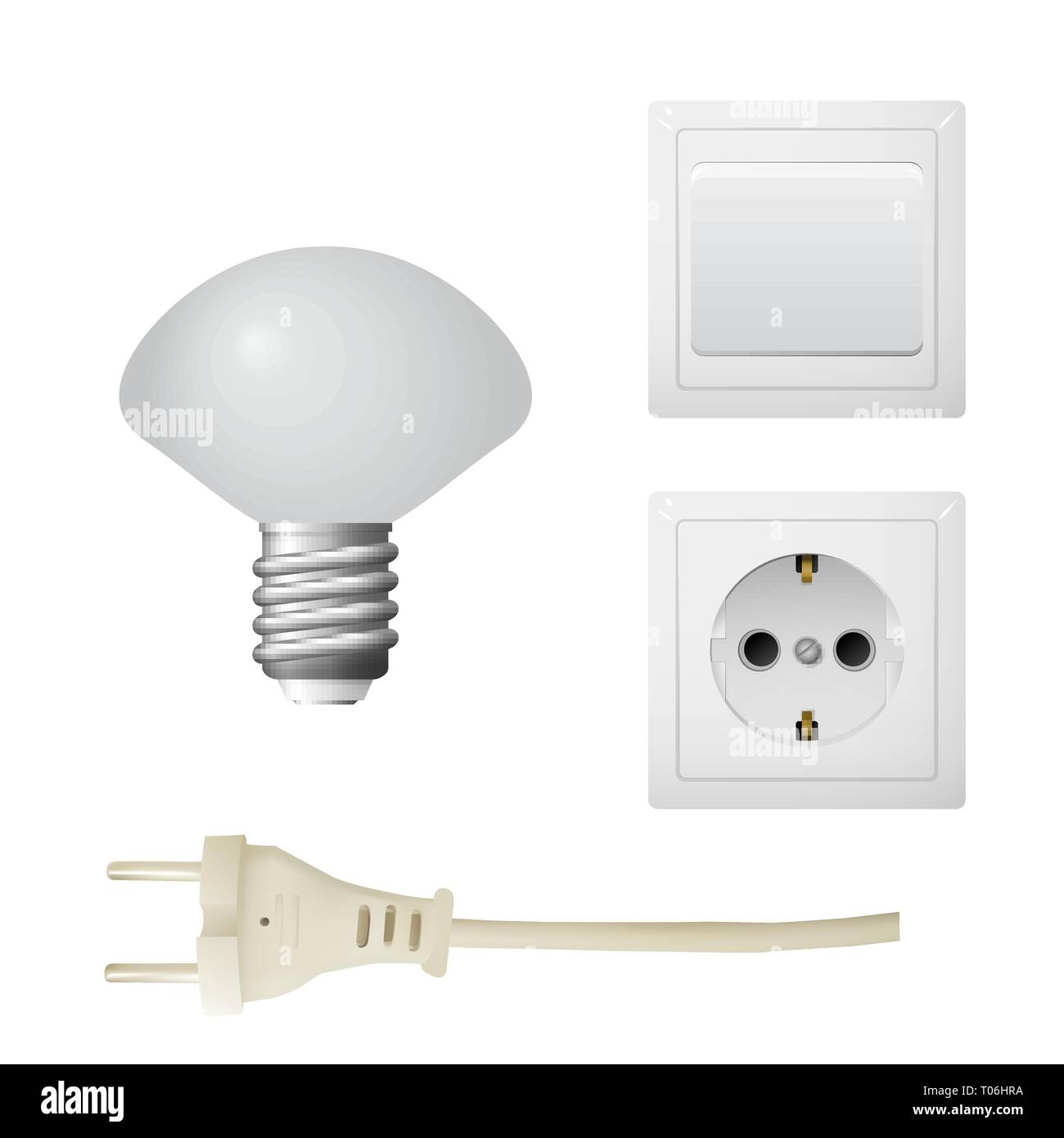 Socket with plug, LED lightbulb. Set of electrical equipment. Vector