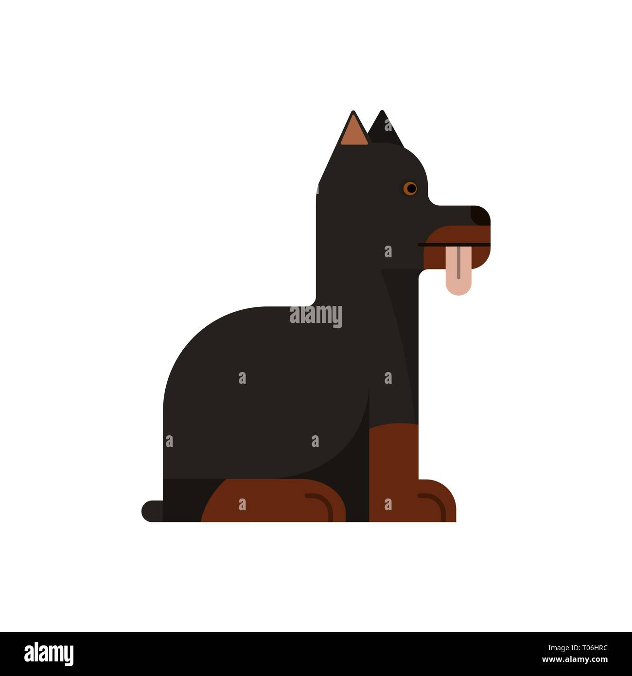 Doberman sits with his tongue sticking out. Thoroughbred dog. Vector illustration. Flat icon. Stock Vector