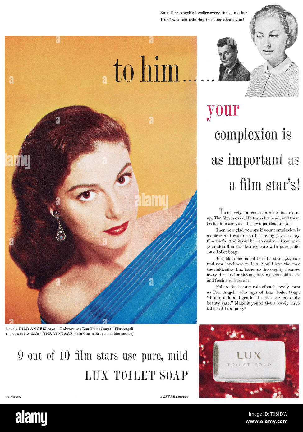 1957 British advertisement for Lux soap, featuring actress Pier Angeli. Stock Photo