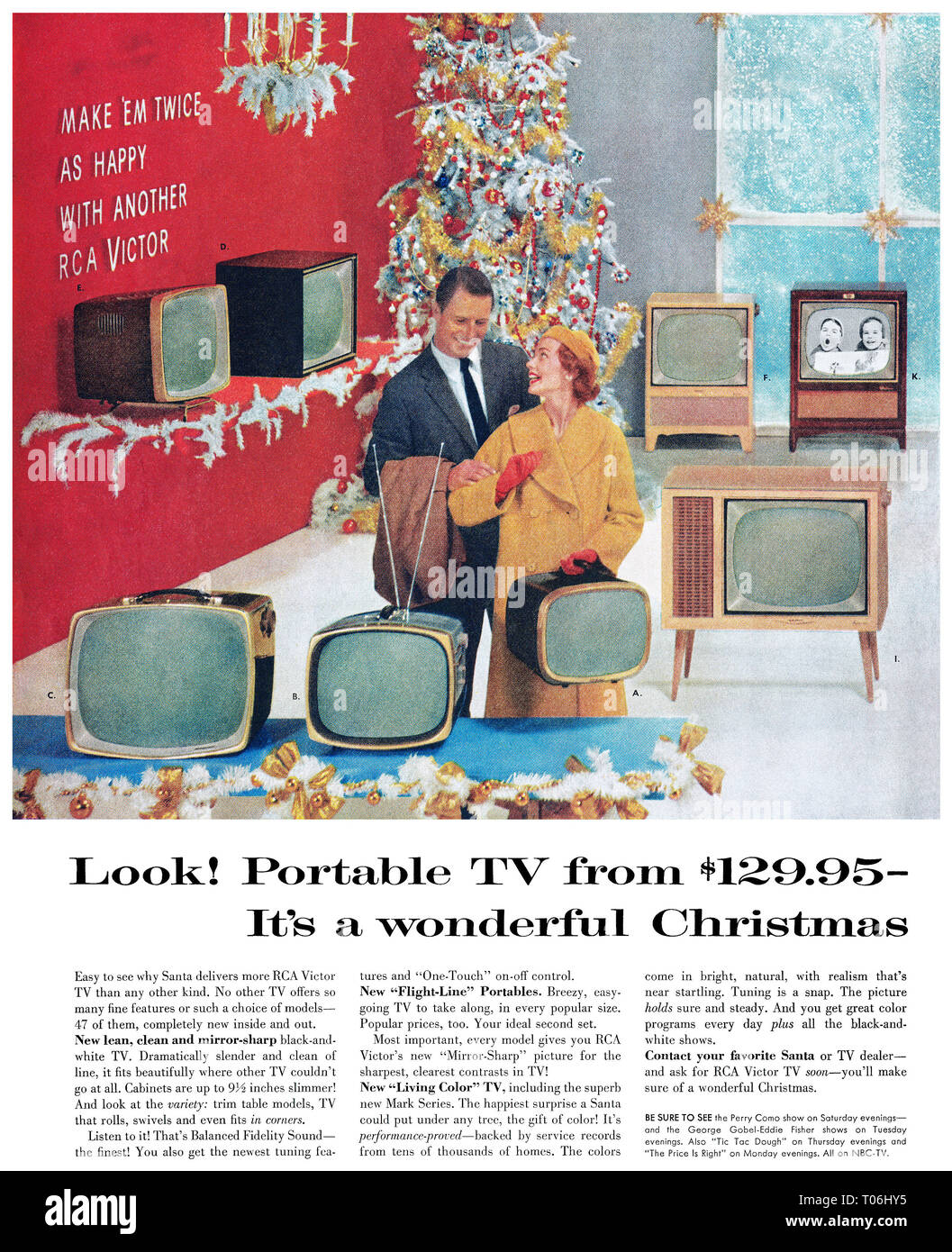 1957 U.S. Christmas advertisement for RCA Victor televisions. Stock Photo