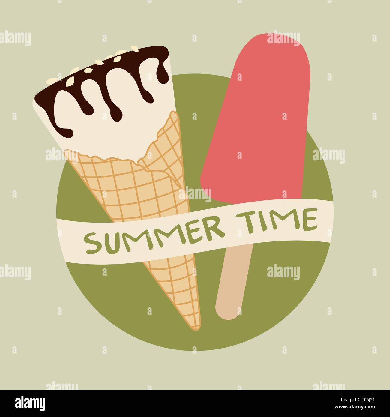 Vector illustration with delicious ice cream cone and ice lolly. Inscription summer time. Stock Vector
