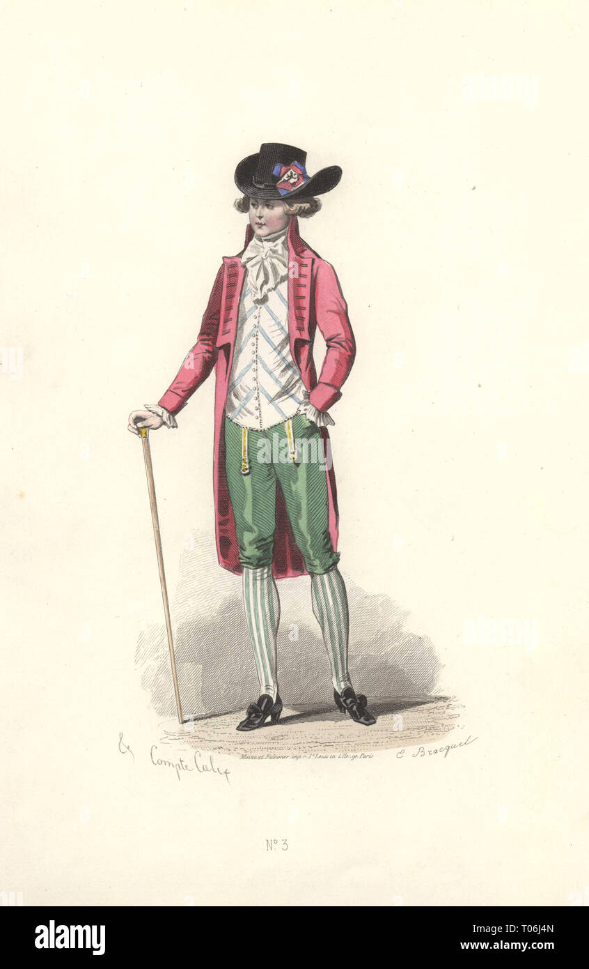 Fashionable dandy man in pink coat, green breeches, bonnet with rosette, striped stockings and cane. Era of Marie Antoinette. Handcolored engraving by E. Bracquet after an illustration by Francois-Claudius Compte-Calix from Costume de lâ€™Epoque de Louis XVI. Paris, 1869. Stock Photo