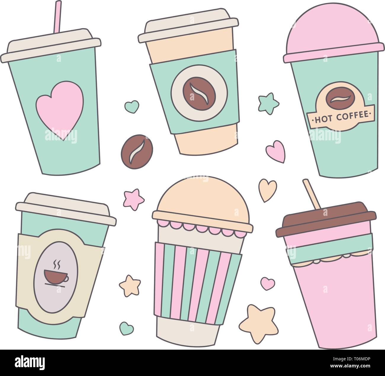 Vector Illustration Collection Set With Different Cute Pastel Colored Cartoon Paper Cups For Coffee Chocolate Or Other Hot Beverages Stock Vector Image Art Alamy