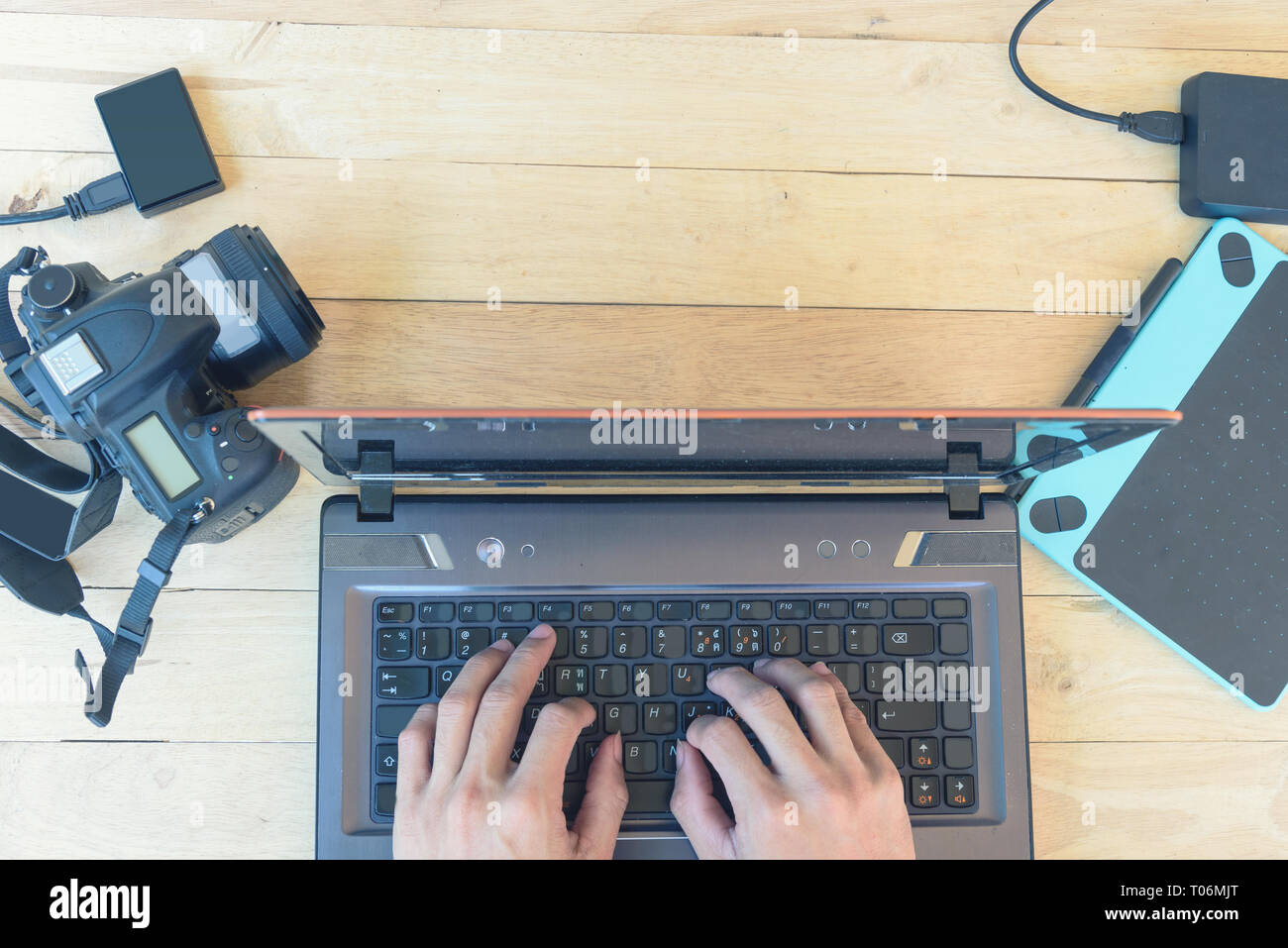top view of computer graphic and camera device Stock Photo - Alamy