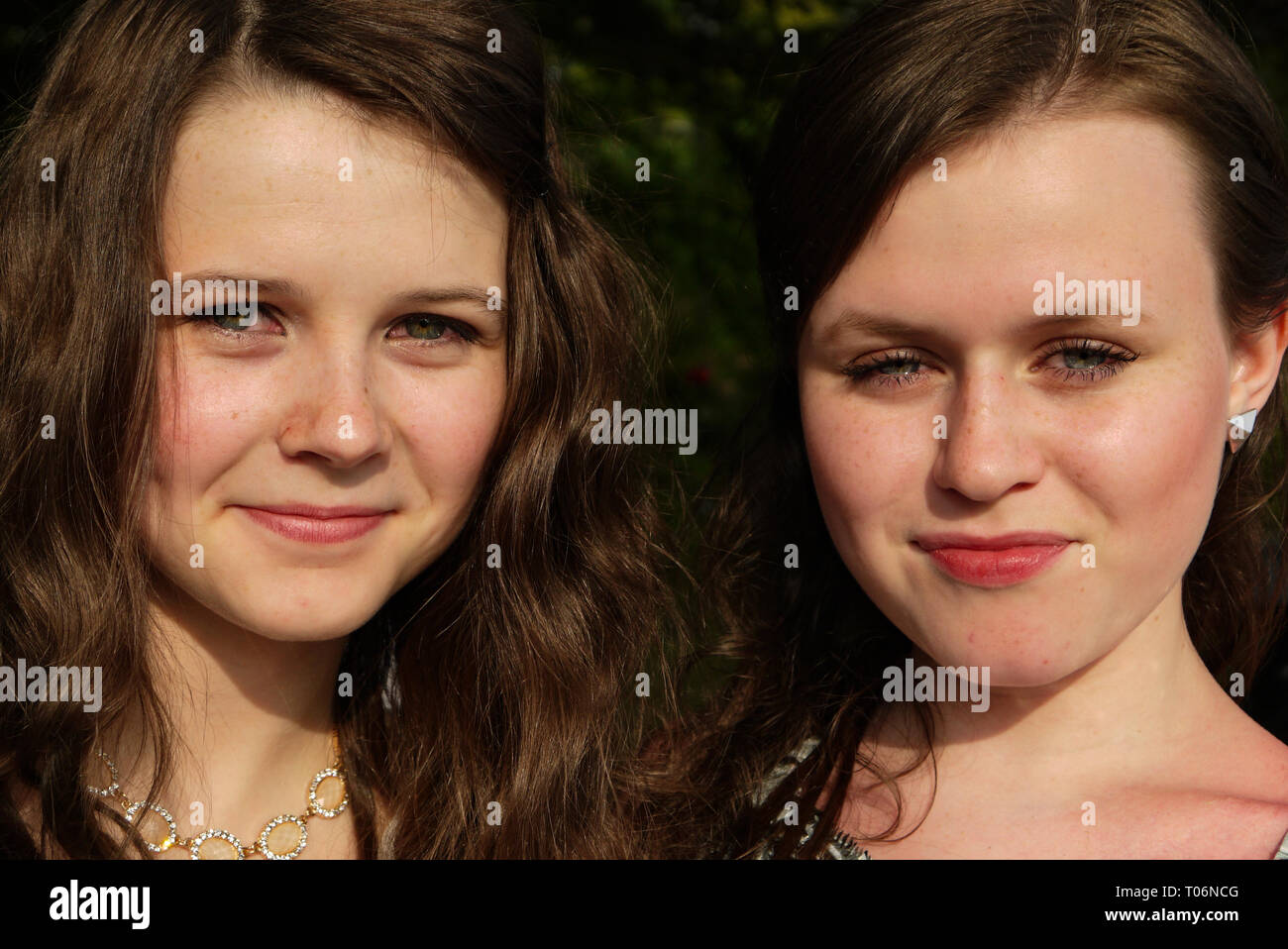 Two young girls at a prom, close-up of faces, UK Stock Photo