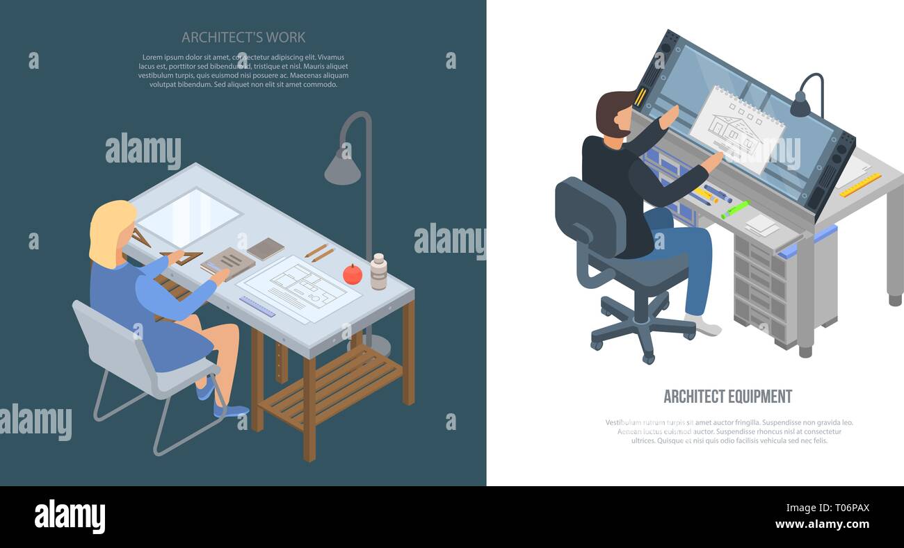 Architect equipment banner set, isometric style Stock Vector