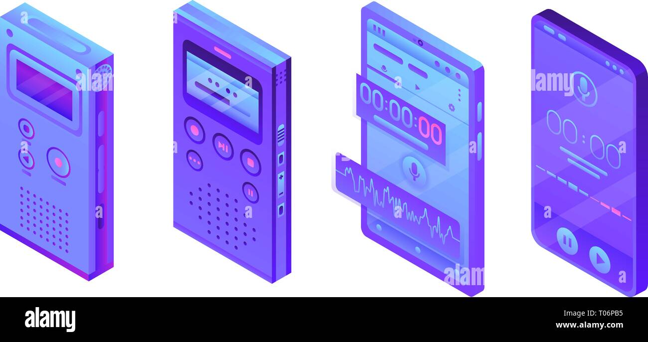 Dictaphone icons set, isometric style Stock Vector