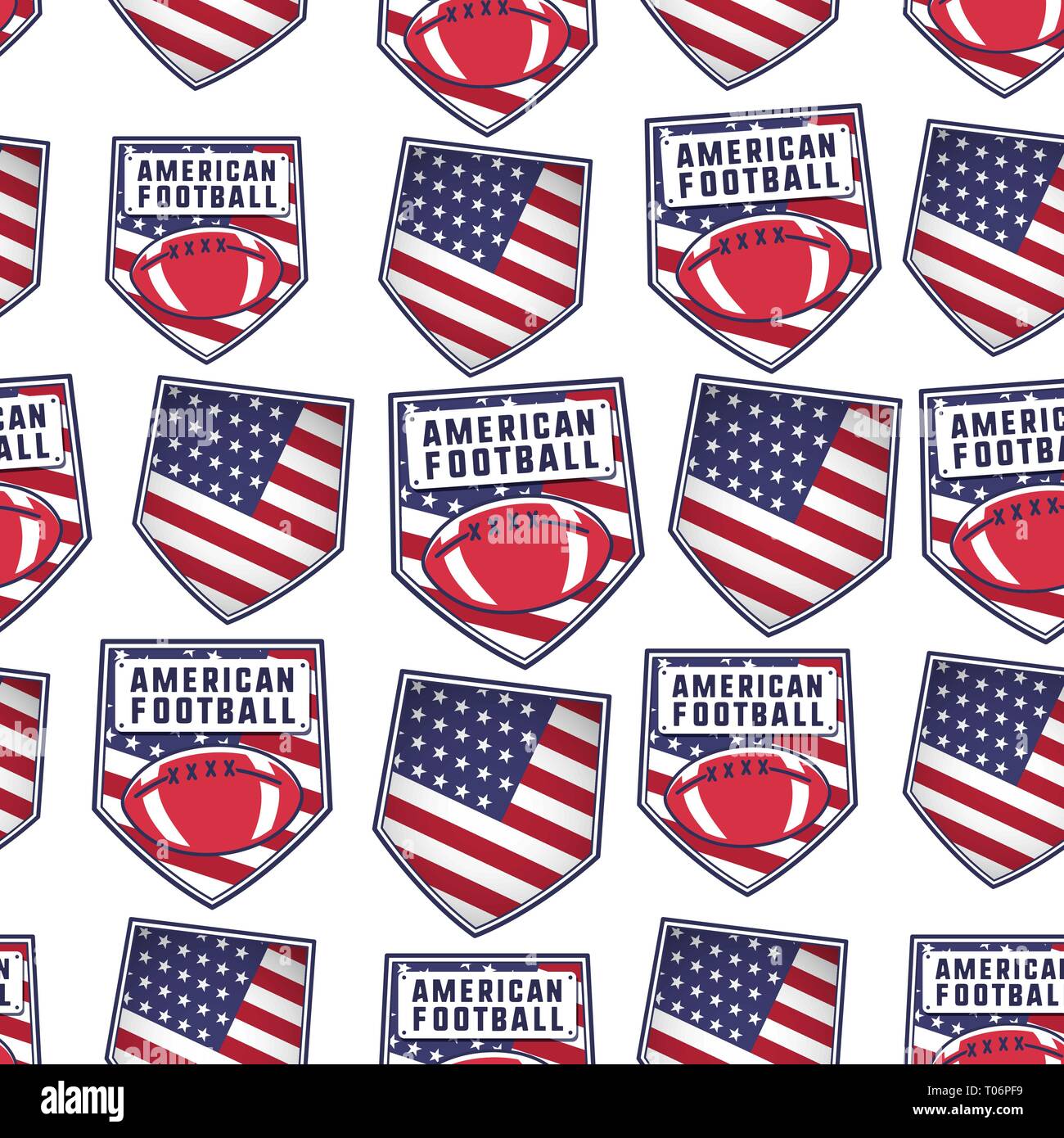 American football patch pattern design with USA flag, ball and typography elements. Rugby seamless background. Unusual sports wallpaper. Stock vector Stock Vector