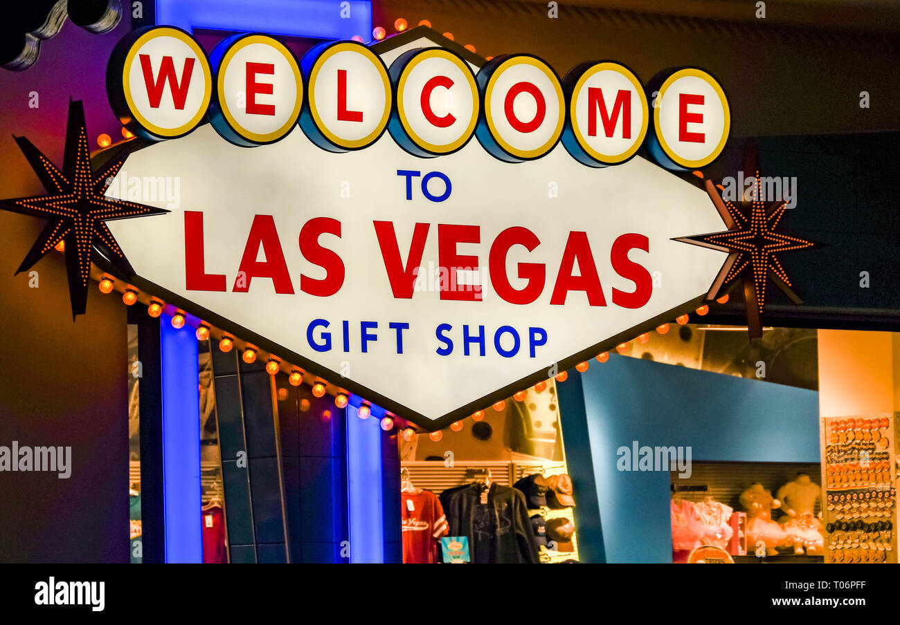 LAS VEGAS, NV, USA - FEBRUARY 2019: Neon sign 'Welcome to Las Vegas' at the entrance to a souvenir shop inside a shopping mall in Las Vegas. Stock Photo