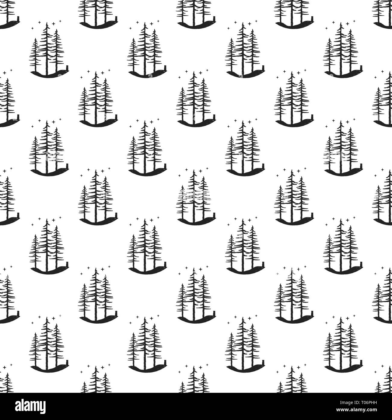 Pine tree pattern background. Simple seamless illustration of monochrome engraved fir trees. Stock vector wallpaper for web or prints isolated Stock Vector