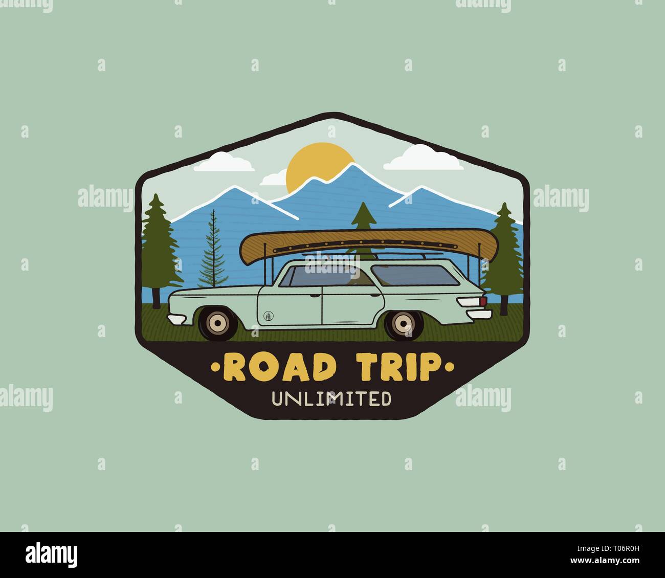 Vintage hand drawn road trip logo patch with carriding through the mountains landscape and quote - Road trip unlimited. Old style outdoors camping Stock Vector