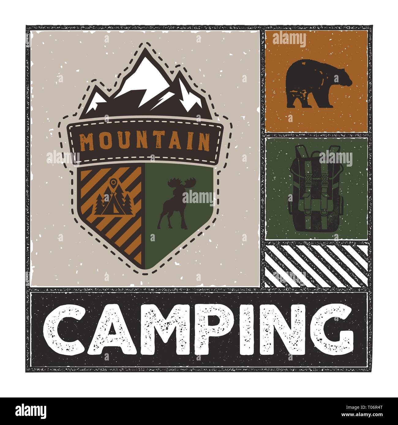 Vintage Hand drawn adventure illustration with camp logo, deer, backpack, bear and quote - Mountain Camping. Unusual outdoors emblem patch in retro Stock Vector