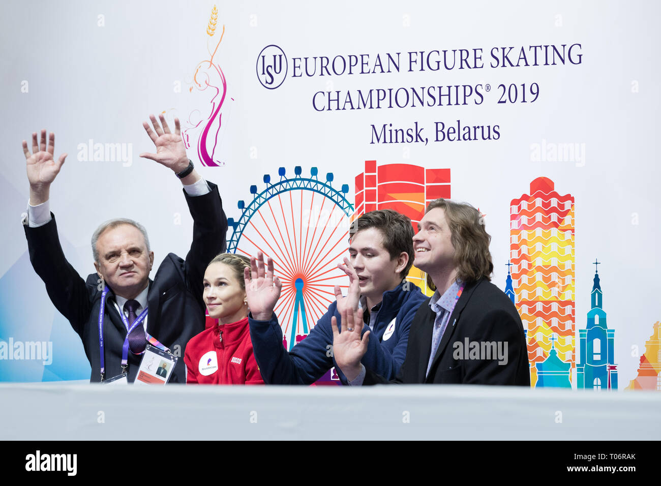 Sergei Dobroskokov, Daria Pavliuchenko and Denis Khodykin from Russia during 2019 European championships Stock Photo