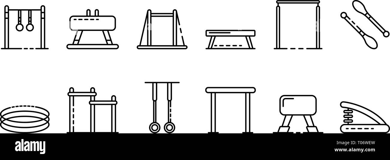 Gymnastics equipment icons set, outline style Stock Vector