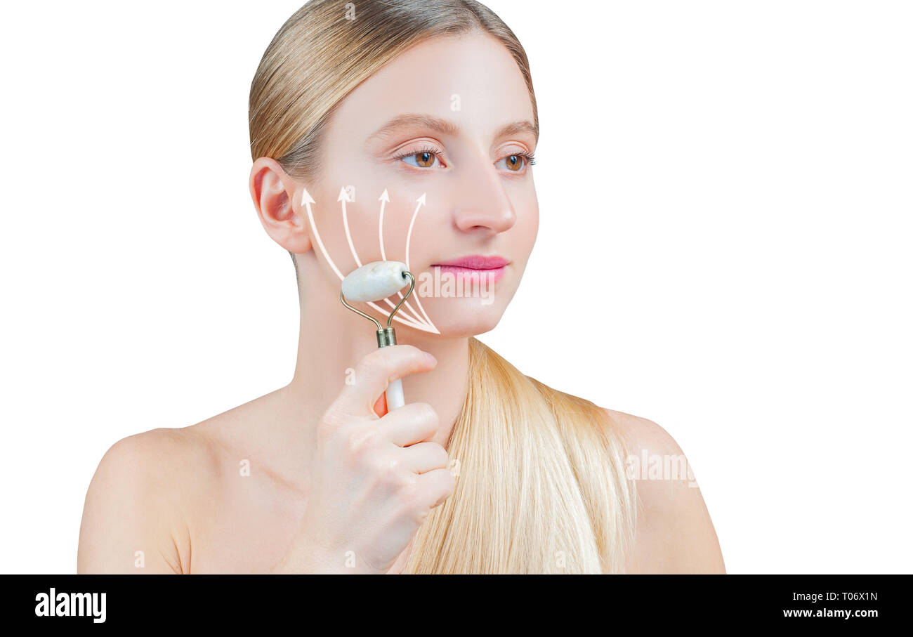 Antiaging treatment and face lift. Beautiful woman with perfect skin and arrows on face