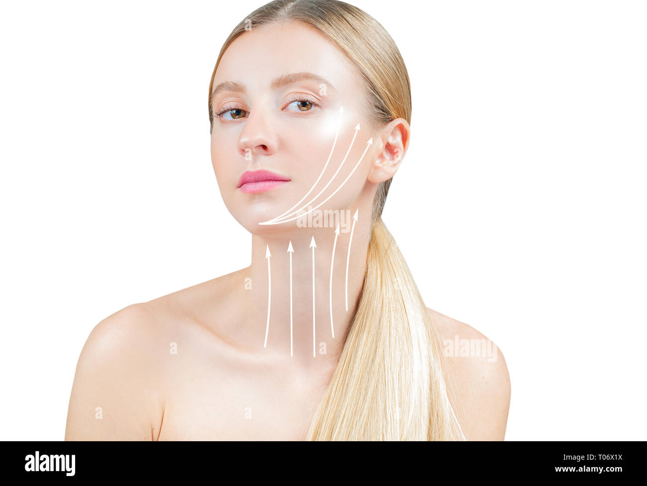 Anti-aging treatment and face lift. Face woman with perfect skin with massage or arrows on face and neck Stock Photo - Alamy