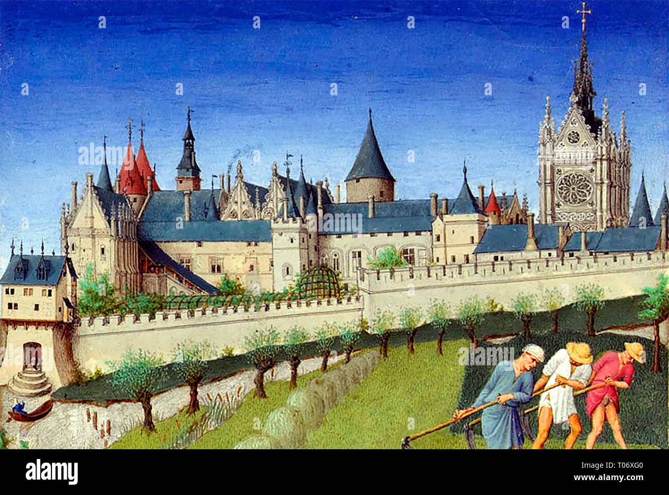 The palace is the Palais de la Cite with the Sainte Chapelle rising above the rooftops during haymaking, circa 1400 Stock Photo