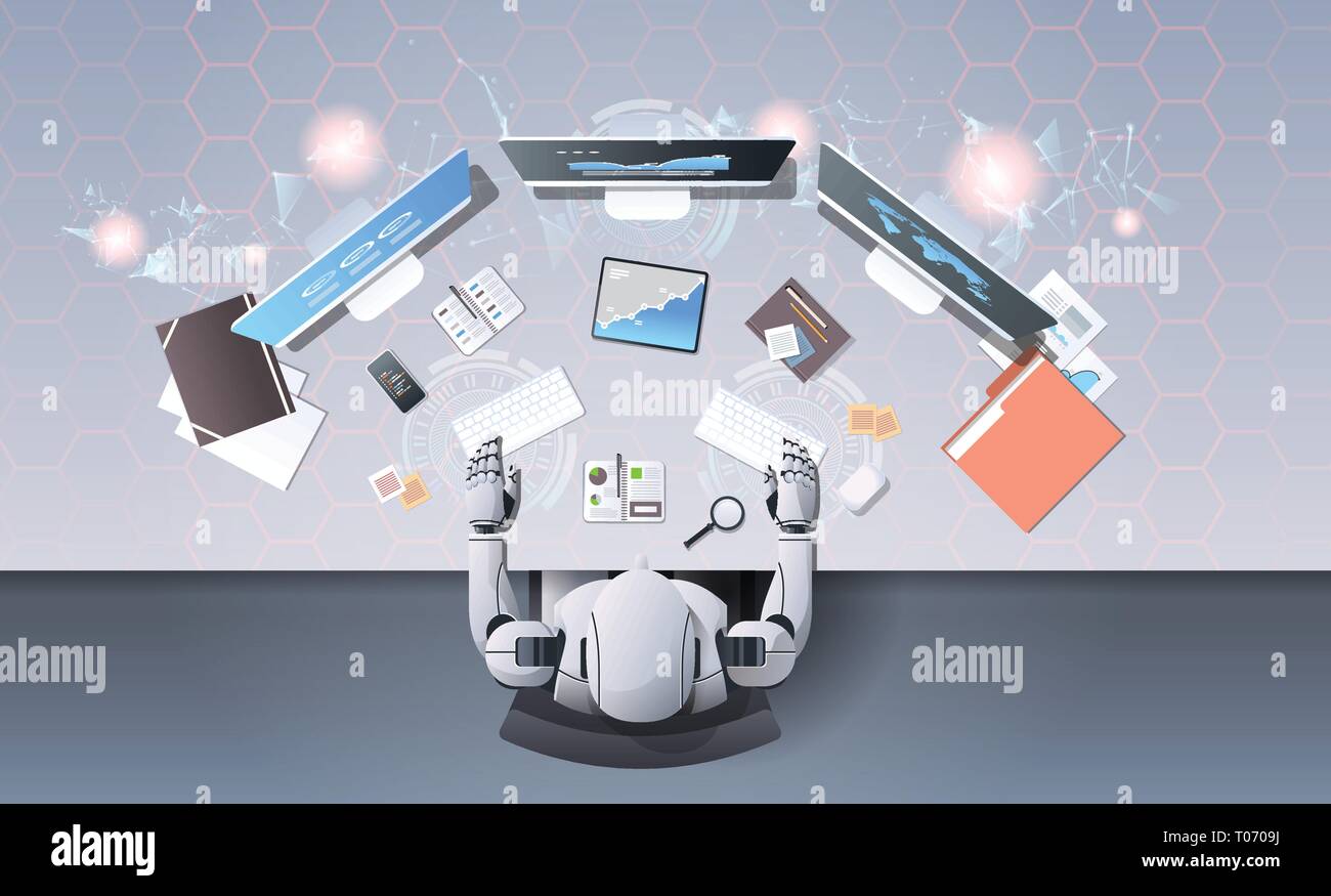 robot using computer monitors typing keyboard at workplace desk office stuff working process top angle view artificial intelligence technology concept Stock Vector