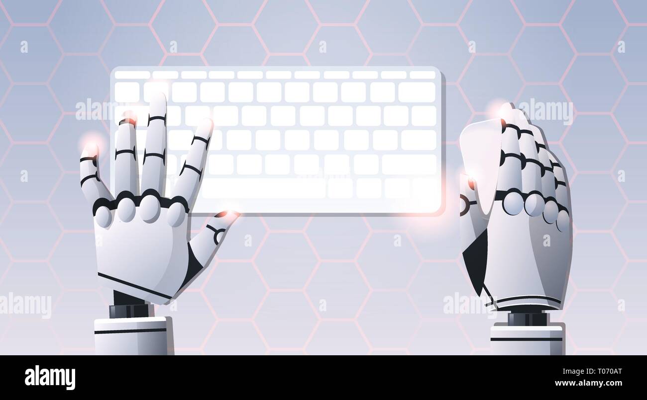 robot hands holding mouse using computer keyboard typing top angle view artificial intelligence digital futuristic technology concept flat horizontal Stock Vector