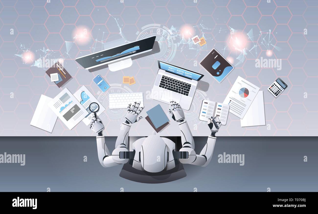 robot with many hands using digital devices at workplace desk office stuff working process top angle view artificial intelligence technology concept Stock Vector