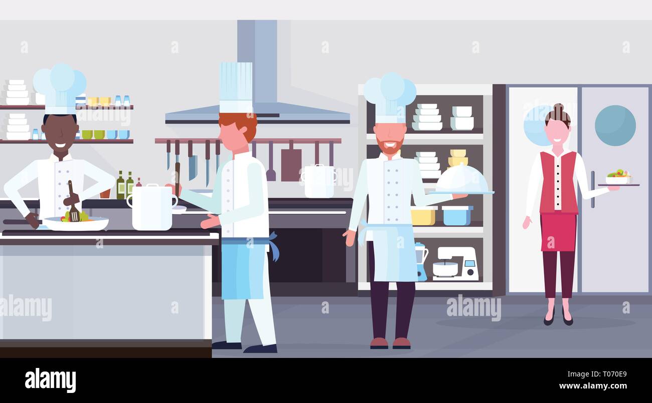 mix race chefs cooking food culinary staff teamwork concept modern