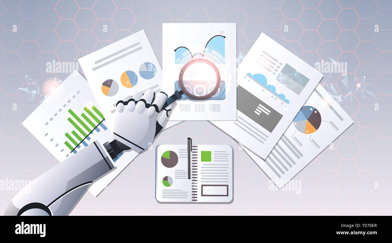 robot hand holding magnifying glass financial graphs report data ...