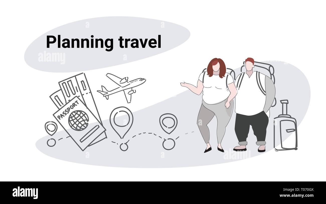 fat obese man woman travelers standing together overweight couple planning travel concept people with baggage choosing hotel and tickets booking Stock Vector