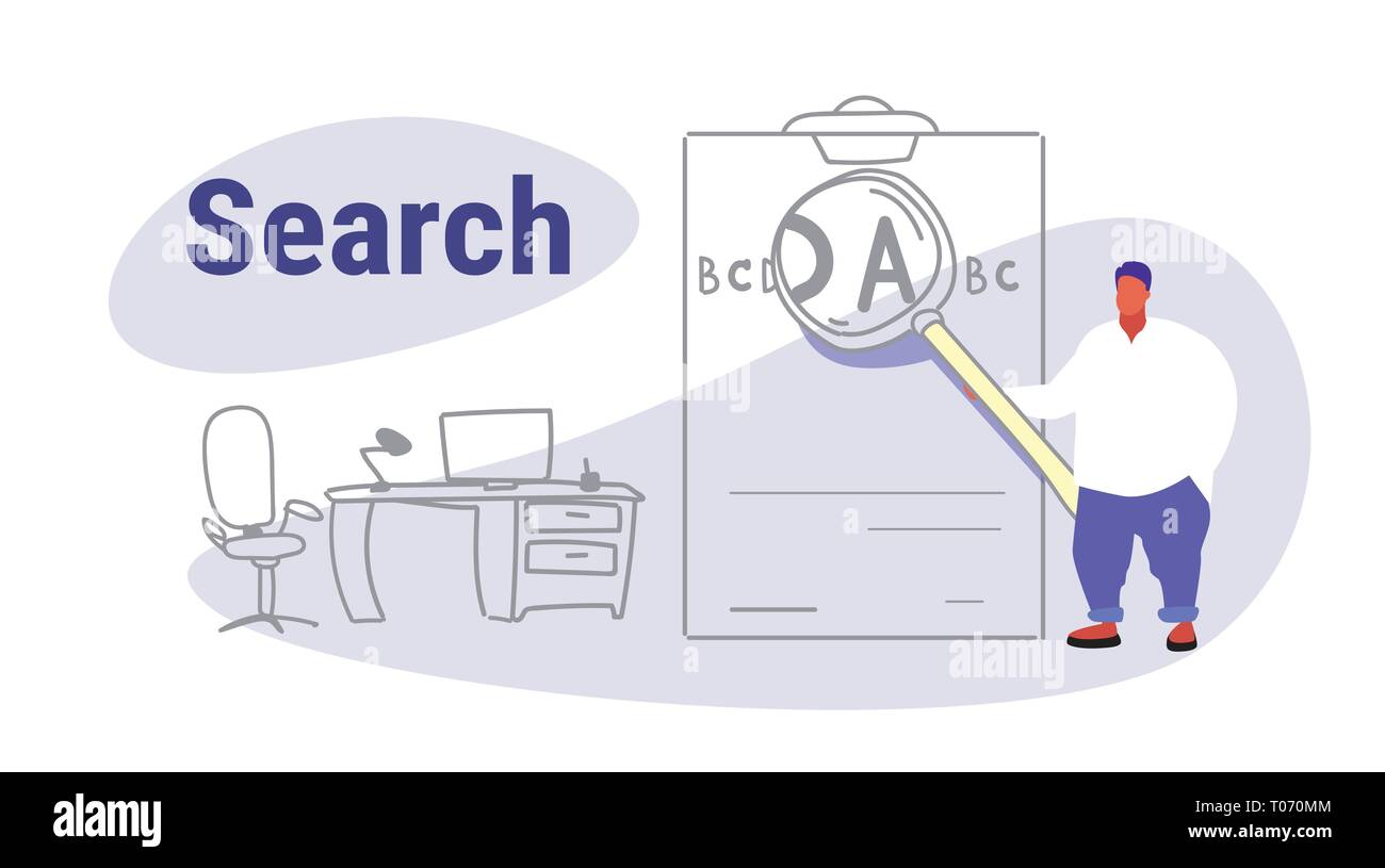 fat obese man holding magnifying zoom glass letter zooming search concept overweight guy with magnifier loupe workplace office interior full length Stock Vector