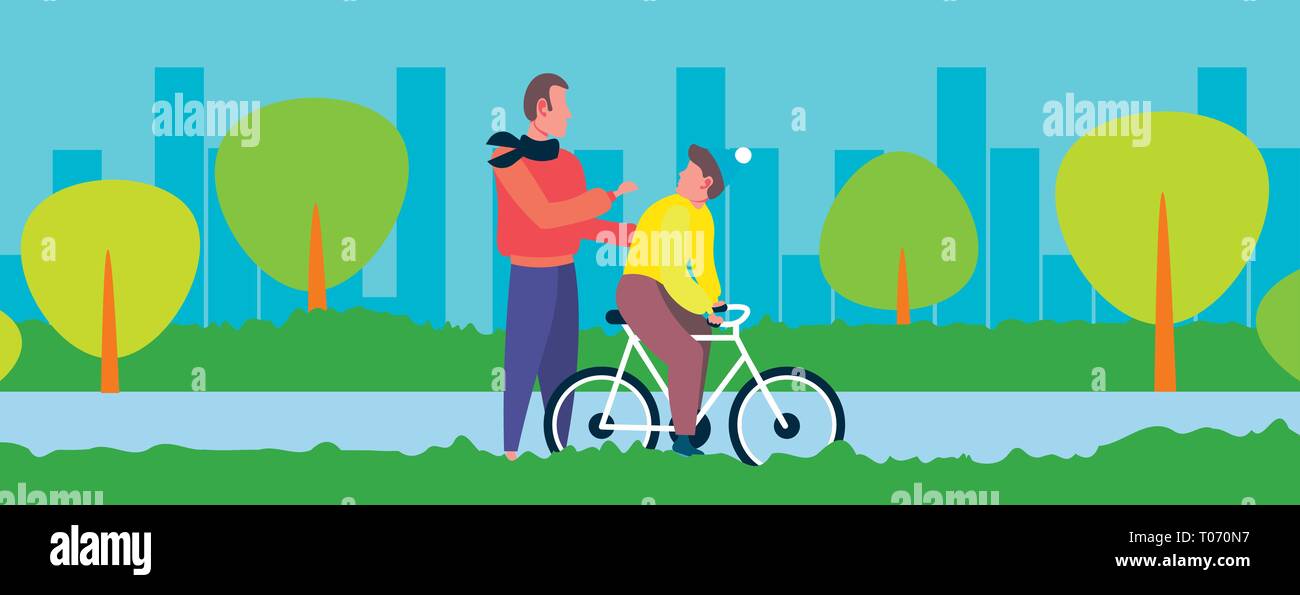 father and son learning to ride a bicycle outdoor man teaching boy cycling bike family having fun together city urban park landscape background flat Stock Vector
