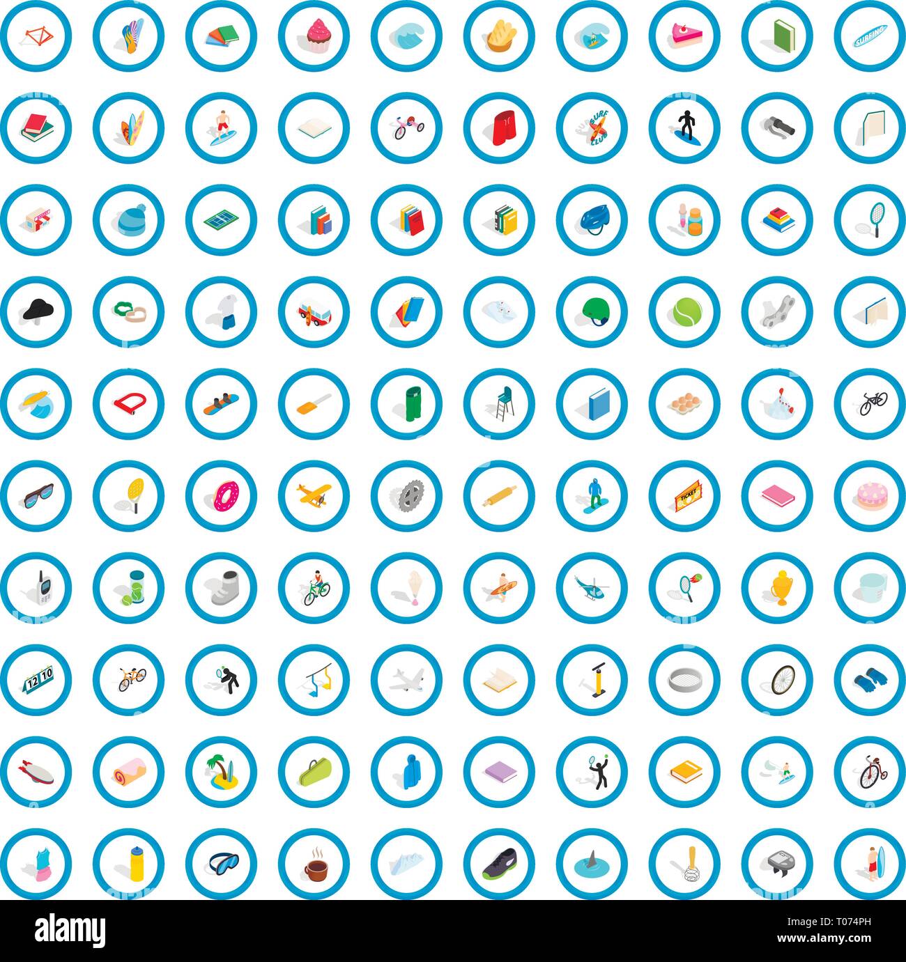 100 hobby icons set, isometric 3d style Stock Vector
