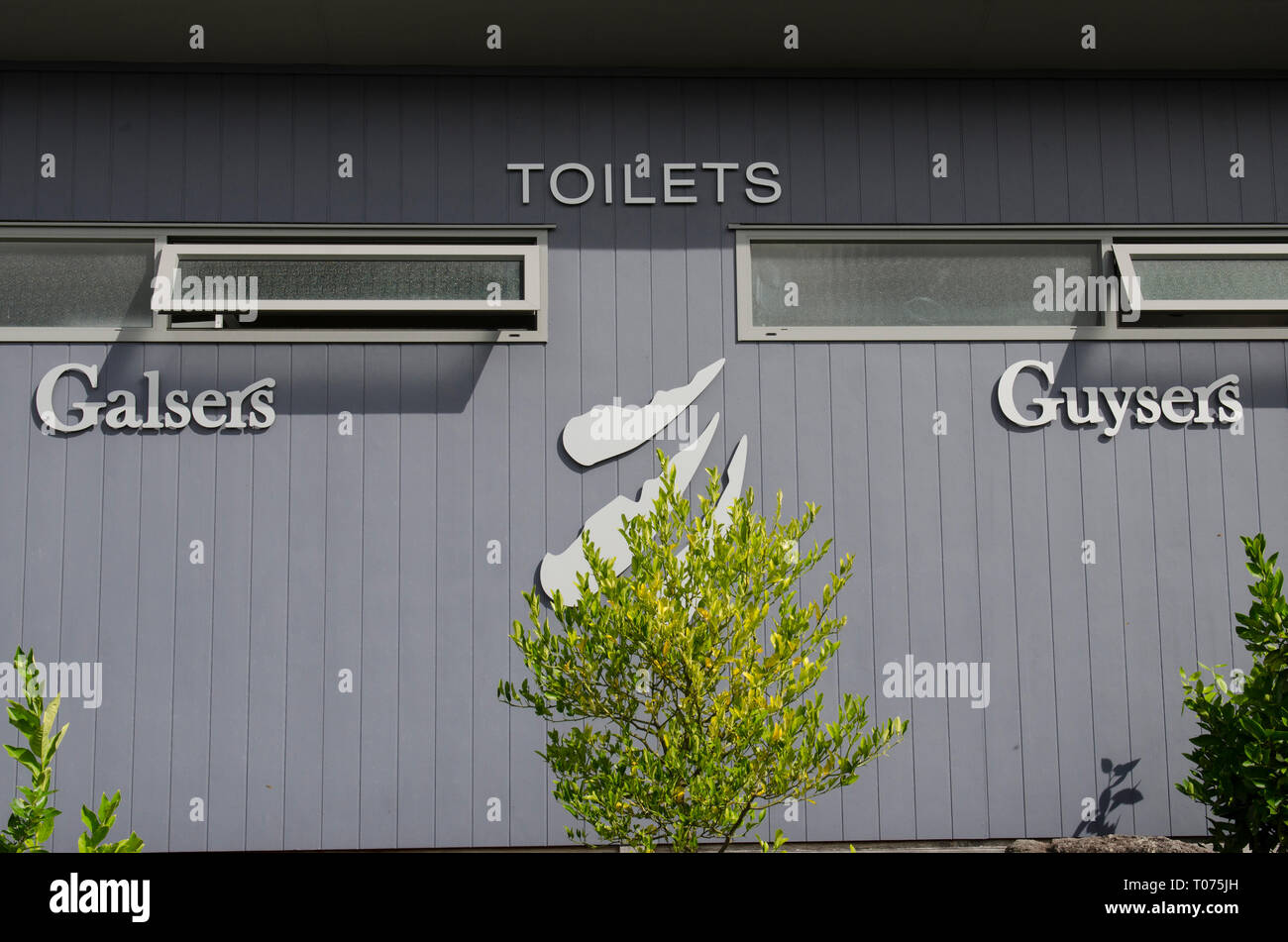 Toilet Sign, Orakei Korako Cave and Thermal Park, Rotorua, North Island, New Zealand Stock Photo