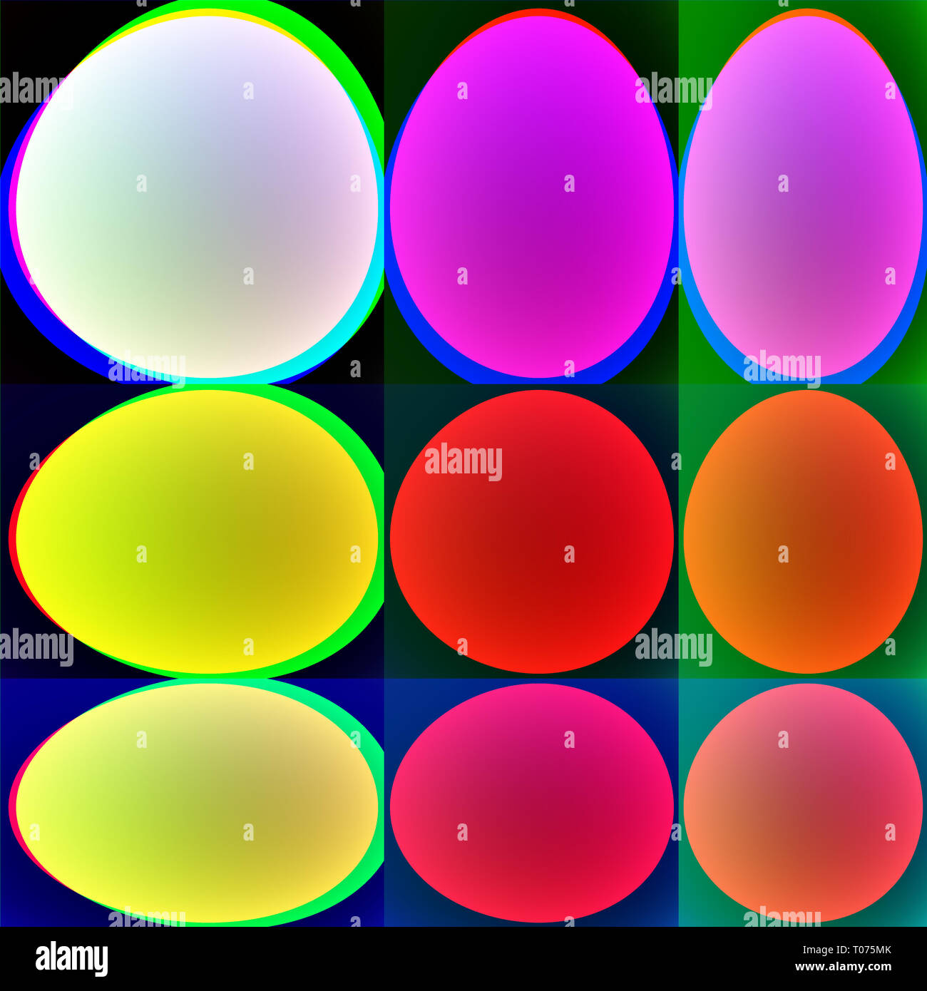 9 squares with circles, some formed like a egg, pink, yellow, orange and white color Stock Photo