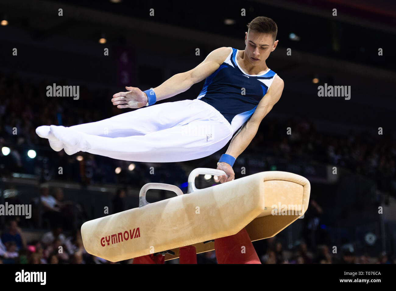 Liverpool, UK. 17th March, 2019. Adam Steele performs Pommel Horse in Men's Master Final during the 2019 Gymnastics British Championships at M&S Bank Arena on Sunday, 17 March 2019. LIVERPOOL ENGLAND. (Editorial use only, license required for commercial use. No use in betting, games or a single club/league/player publications.) Credit: Taka G Wu/Alamy News Stock Photo