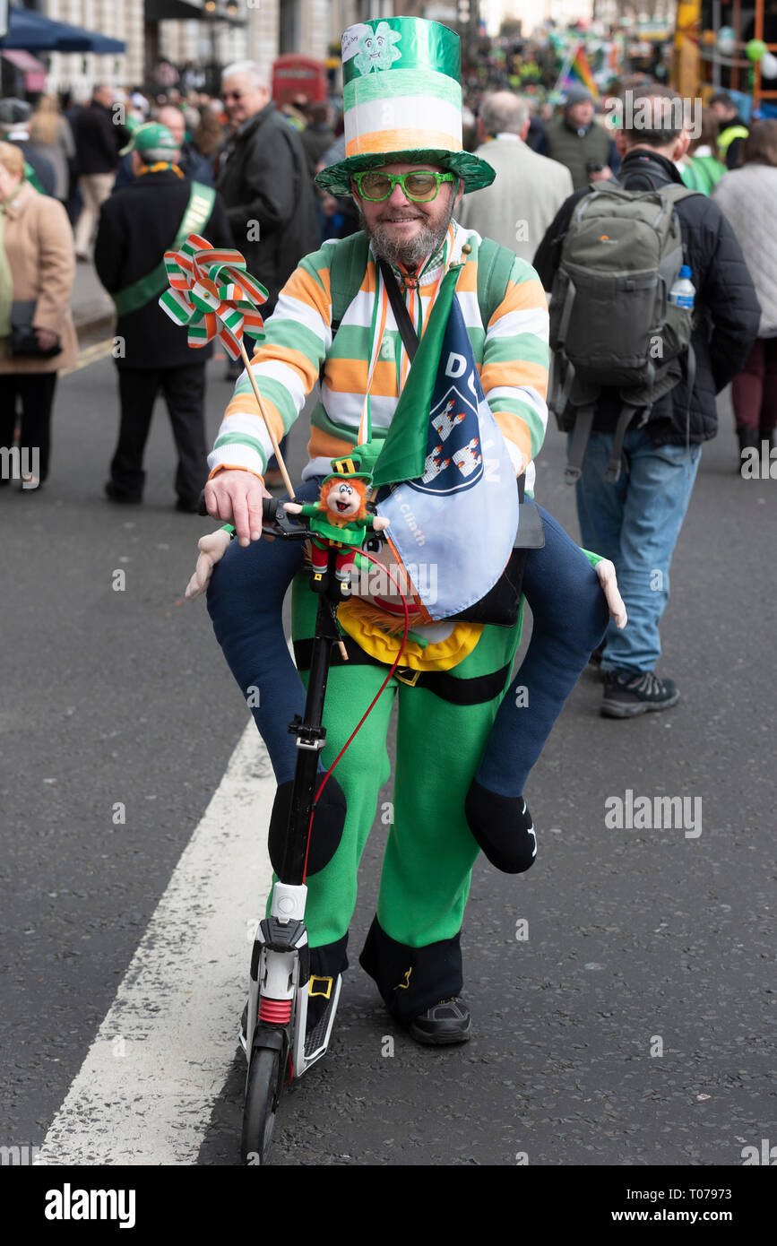 London, Britain. 17th Mar, 2019. A man attends the St. Patrick's Day Parade in London, Britain, on March 17, 2019. Credit: Ray Tang/Xinhua/Alamy Live News Stock Photo