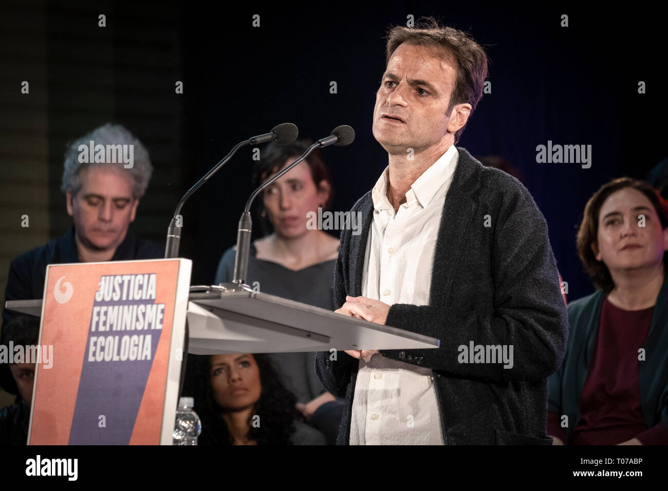 Jaume Asens, candidate for the congress of deputies is seen speaking during the event. More than a thousand people have filled the centre of Les Cotxeres in the popular neighbourhood of Sant to support the electoral campaign of Barcelona in Comú of which the mayor Ada Colau is head of the list. Stock Photo