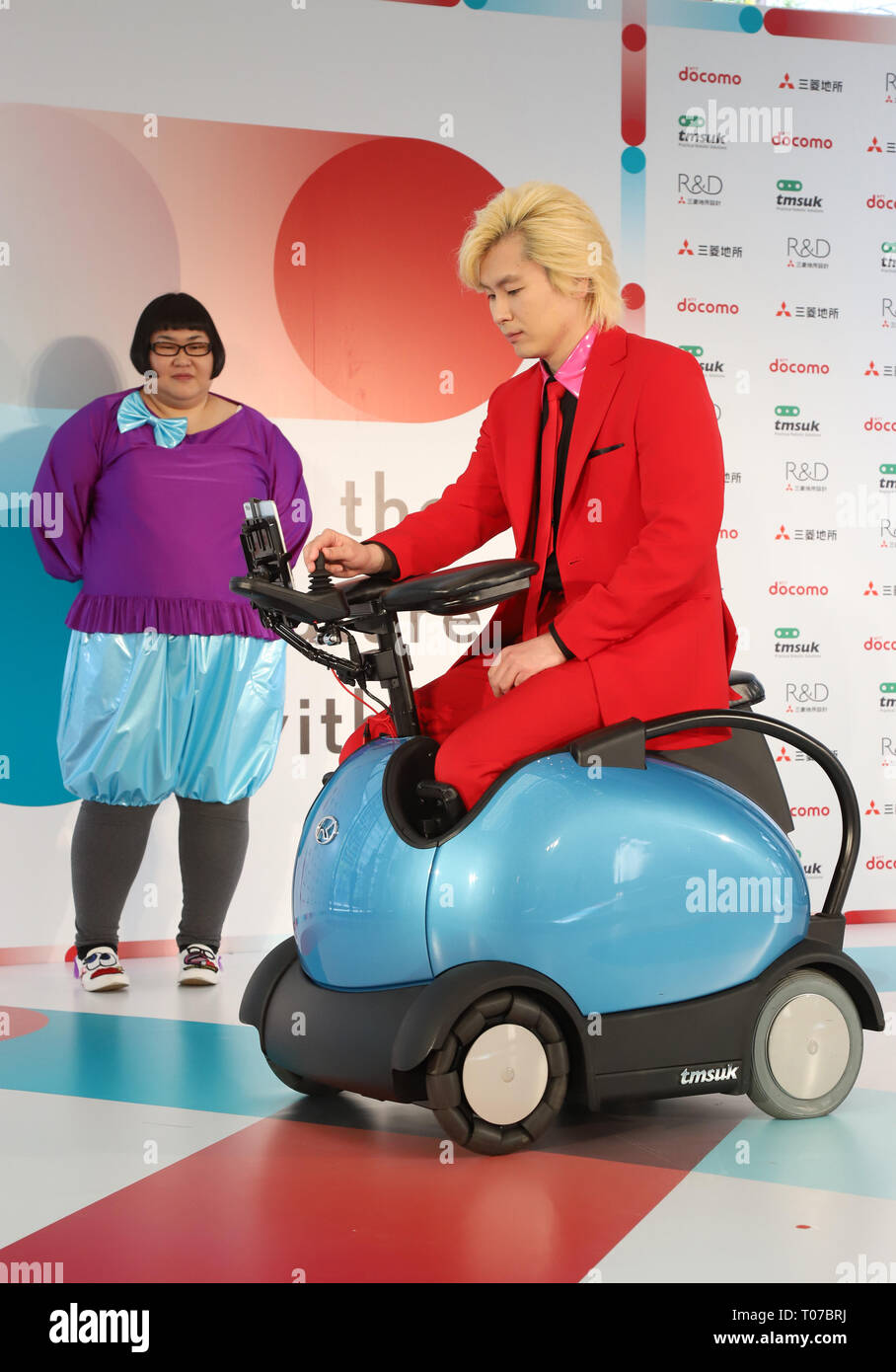 Tokyo, Japan. 18th Mar, 2019. Japanese comedy duo Maple Superalloy members Natsu  Ando (L) and Kazlaser (R) attend a presentation of Japanese robot company  Tmsuk personal mobility Rodem in Tokyo on Monday,